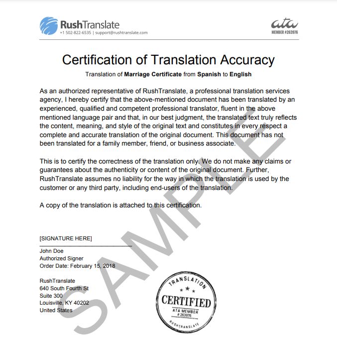 RushTranslate提供的英文翻译认证件样本，适用于美国移民局翻译USCIS申请